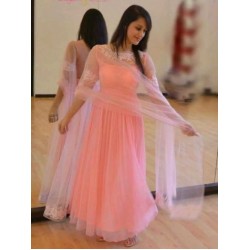 Peach Color Fluffy  Full Stitched Anarkali Gown with Dupatta